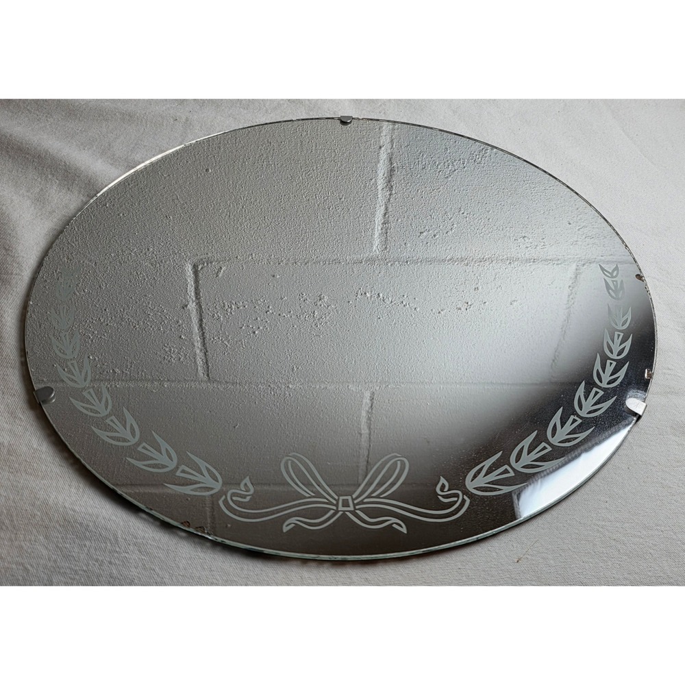 Vintage 1929-40s Round Frameless Etched Glass Mirror Bow Laurel Wreath